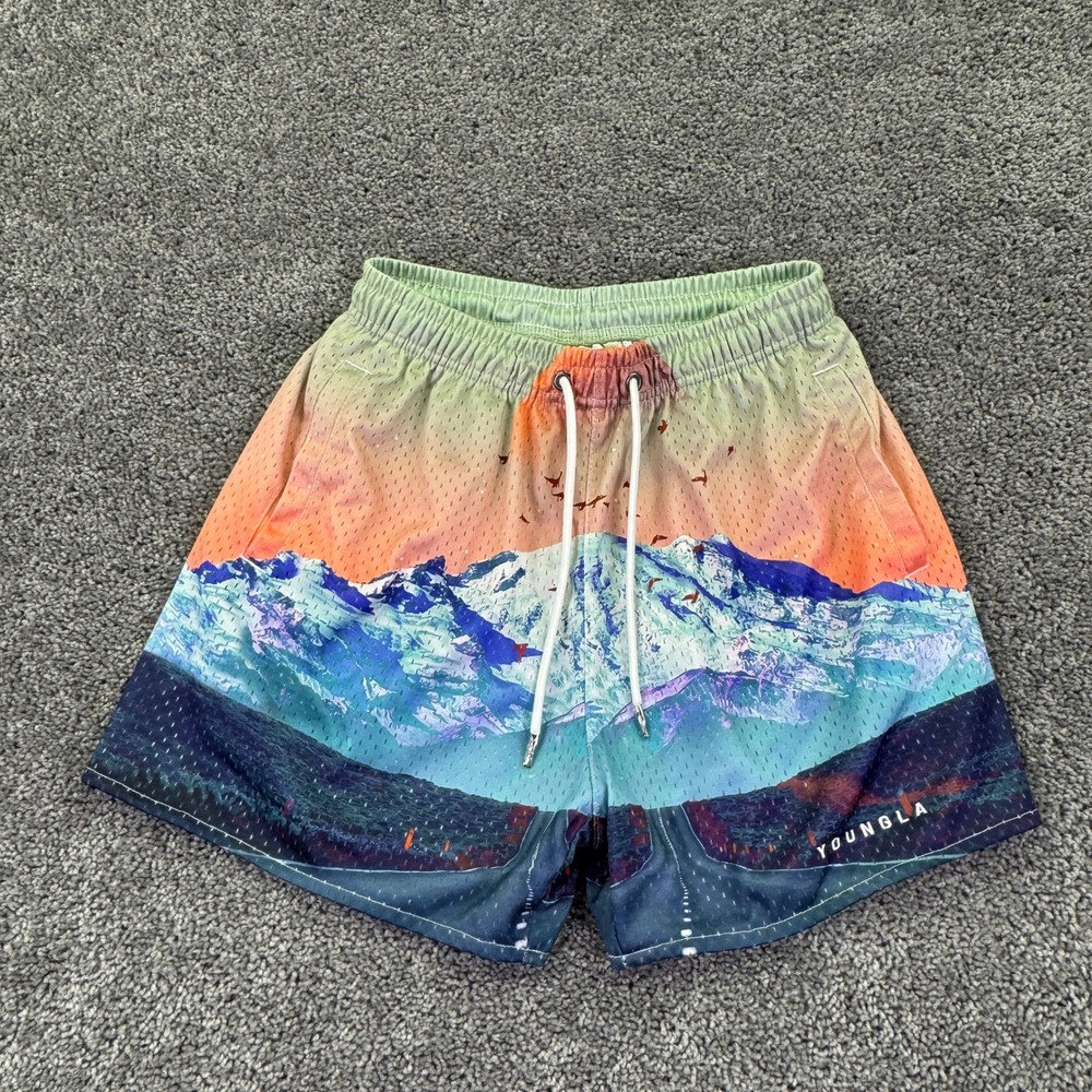 YOUNGLA Shorts Mens S Multicolor Graphic Mesh Athletic Gym